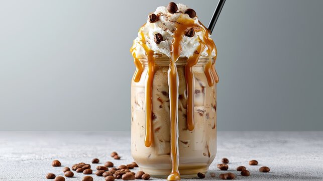 Iced caramel latte, served with whipped cream and coffee.