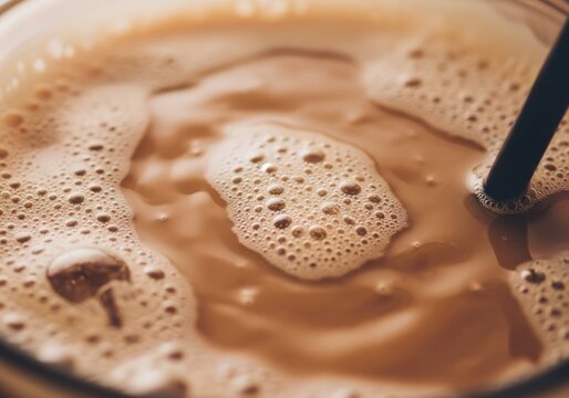 Closeup of iced coffee with foam and straw