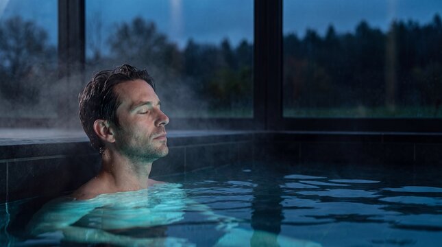 A relaxed man with closed eyes enjoys a peaceful evening in a steaming thermal pool at a luxury spa resort with scenic twilight views.