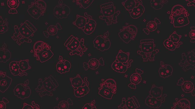 Halloween candy doodle pattern with skull candy, eyeball sweets, Frankenstein, black cat and treat basket. Seamless loop, red on black.