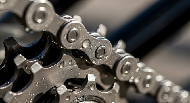 Close up of metallic bicycle chain and gears.