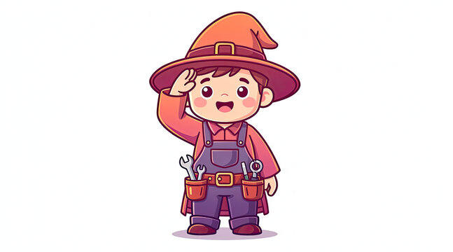 Boy handyman wearing wizard hat with tools.