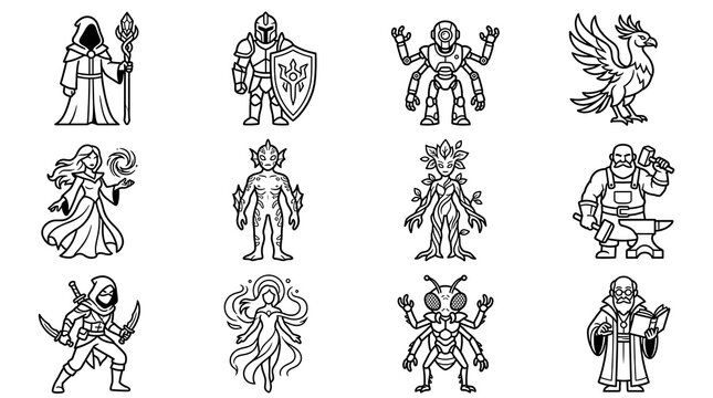 Fantasy RPG Character Line Art Icons Set