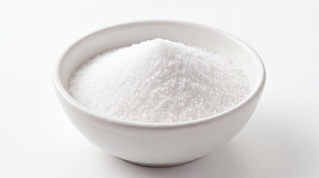 White ceramic bowl filled with granulated white sugar crystals photographed in bright studio on white background