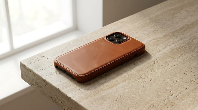 Brown leather smartphone case on a modern stone desk. leather iphone case