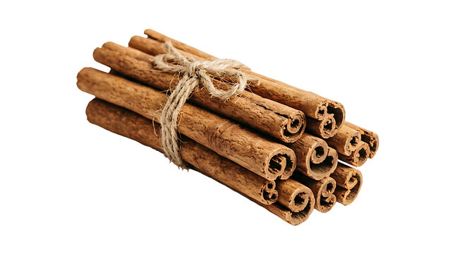 A bundle of aromatic cinnamon sticks tied with rustic twine isolated on a clean white background