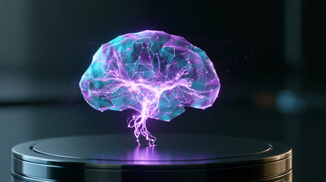 Futuristic glowing digital brain floating on a circular dark pedestal
