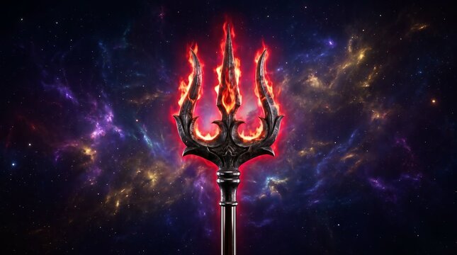 Mahakali Rudra Trishool Front View with Fiery Red Flames in Dark Metallic Steel against Cosmic Galaxy Background