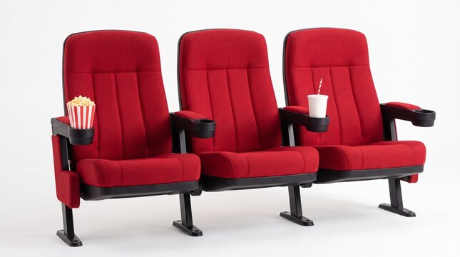 Three vibrant red cinema seats featuring popcorn and a soda drink isolated on white background