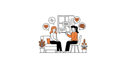 Two women talking in therapy session flat illustration.