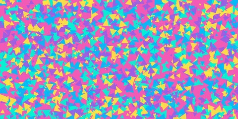 Fototapeta premium Dense multicolored triangle mosaic background features bright pink and yellow layers for energetic summer event graphics.