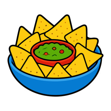 Bowl of nachos tortilla chips with guacamole dip vector illustration