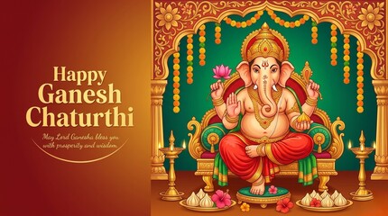 Fototapeta premium Happy Ganesh Chaturthi Celebration Banner – Teal and Golden Glow Background with Clay Ganesha Idol and Copy Space