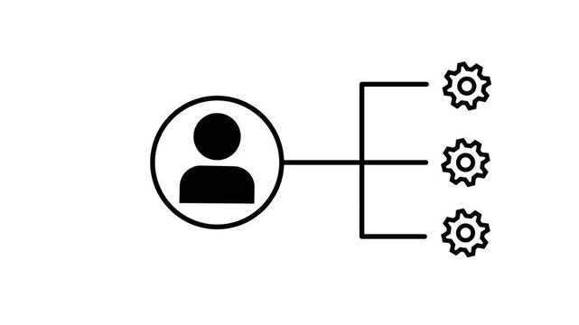 Animated gear with project manager icon on black background. Stakeholders' management icon concept. Man. Motion graphics of setting concept with alpha channel. 4k motion video.