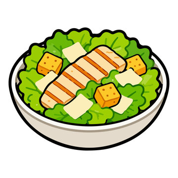 Bowl of Caesar salad with grilled chicken, croutons and cheese vector illustration