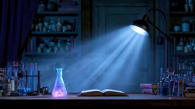 Mysterious alchemist laboratory with glowing potion and ancient book under desk lamp light