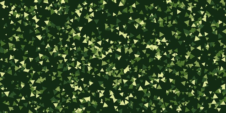Green triangular confetti pattern background, scattered shapes create a festive and dynamic texture for party invitations or digital designs.