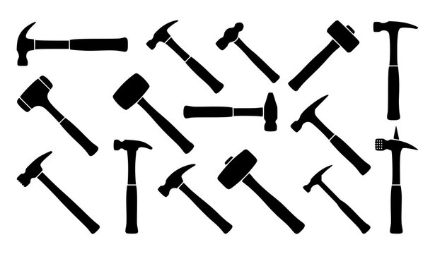 Hammer silhouette icons in different angles industrial tool vector set