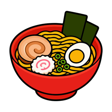 Red bowl of Japanese ramen noodles with egg and chashu pork vector illustration