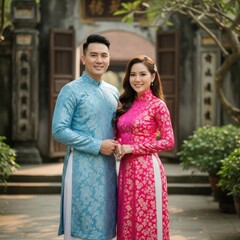 Fototapeta premium Young Vietnamese Couple in Traditional Ao Dai Outfits Posing Outdoors.