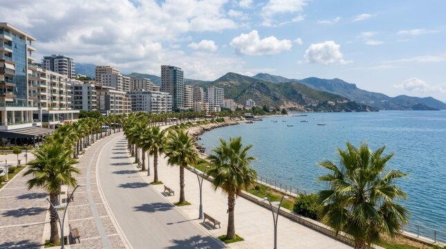 Scenic coastal promenade with palm trees and modern buildings in Budva Montenegro.