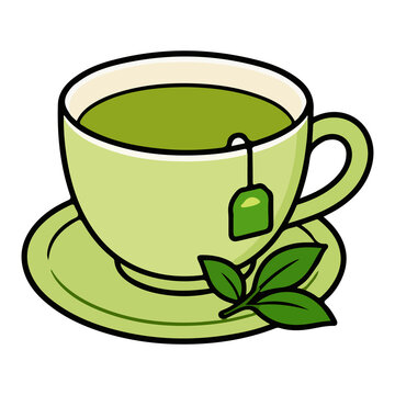 Cup of green tea with saucer and tea bag vector illustration