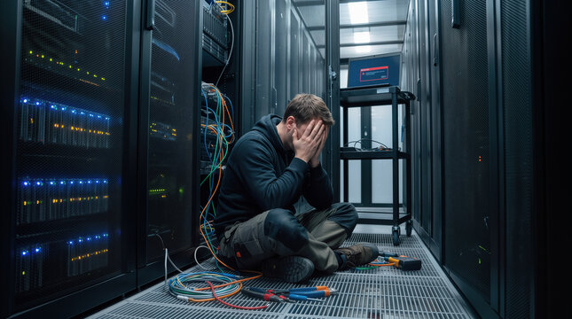 IT specialist sitting on floor in server room with hands on face. Network administrator experiencing burnout during critical system failure at data center.