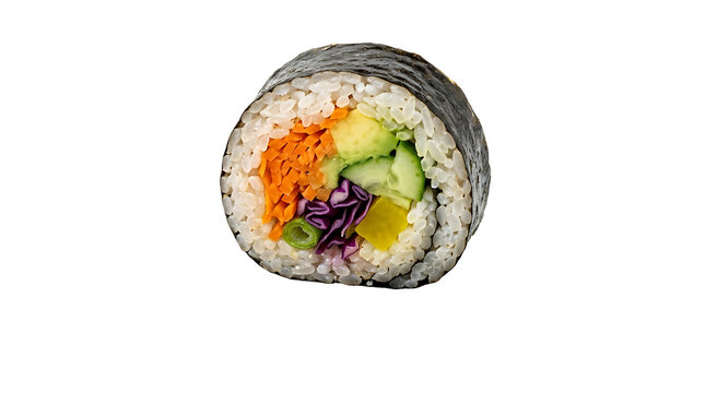 Single piece of fresh vegetable sushi roll isolated on a clean white background for culinary menu design