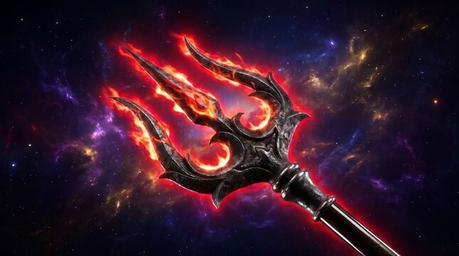 Mahakali Rudra Trishool Angled View with Fiery Red Flames in Dark Metallic Steel against Cosmic Galaxy Background
