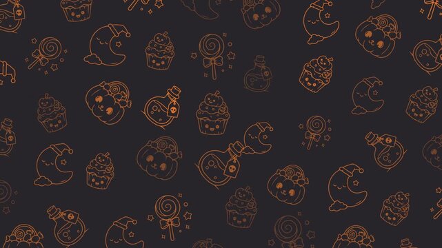 Halloween sweets doodle pattern with cupcake, lollipop, potion bottle and sleepy moon. Seamless loop, orange line art on dark charcoal.