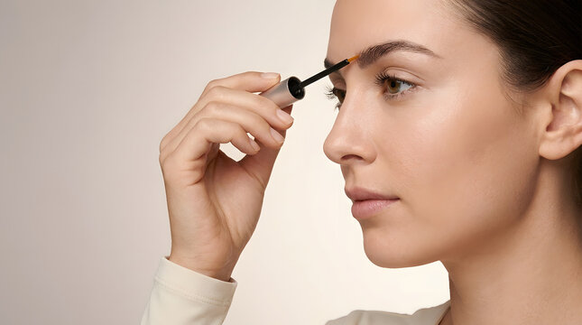 Woman applies brow serum with a spoolie brush in side profile, showing a minimal beauty routine for natural brows
