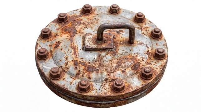 Heavy round metal hatch cover with rusty bolts showing industrial wear and tear on white background