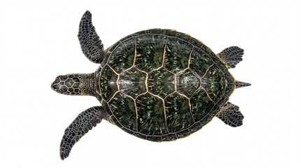 Fototapeta premium Green sea turtle swimming viewed from above showing detailed shell texture isolated on white background