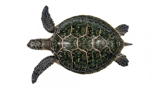 Green sea turtle swimming viewed from above showing detailed shell texture isolated on white background