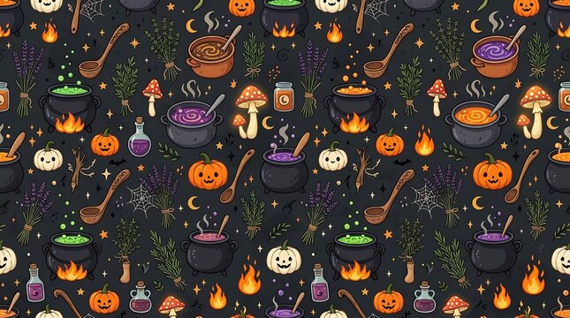 Cute Halloween kitchen seamless pattern with bubbling cauldrons and jack-o-lanterns for decor