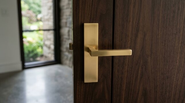 Modern luxury brass door handle on a dark wood door.