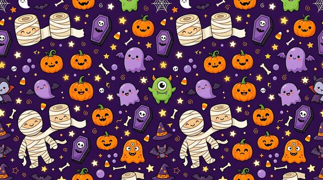 Cute kawaii Halloween seamless pattern with mummies, pumpkins, ghosts, and coffins on purple