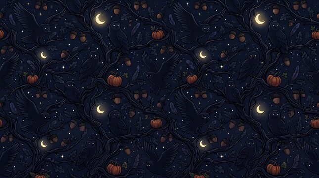 Dark magical Halloween seamless pattern with owls, pumpkins, and crescent moon in night forest