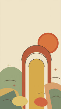 Mid century modern abstract boho wallpaper with terracotta arches, sun, and green hills, aesthetic vertical background illustration