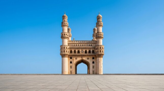 Iconic Charminar Monument Standing Against A Clear Blue Sky In Hyderabad India.