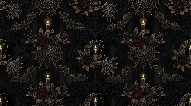 Gothic Halloween seamless pattern with dark roses, golden spider webs, candles and moon phase