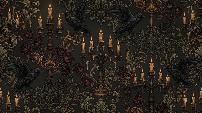 Gothic Halloween seamless pattern featuring black ravens, ornate candelabras and dark red roses