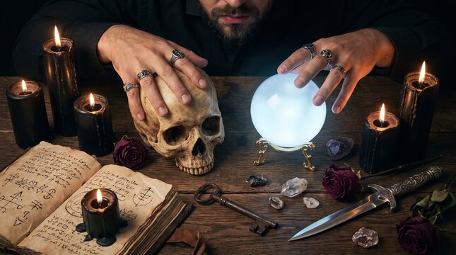 Hands of a medium in trance during s&eacute;ance over a crystal ball next to a skull, for dark occult practices.