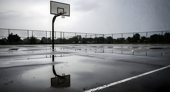 Empty basketball court with wet surface and hoop.