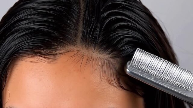 Close-up: Dry electrode comb through flowing hair