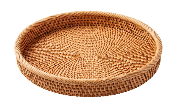 Empty round woven rattan tray basket isolated on black background