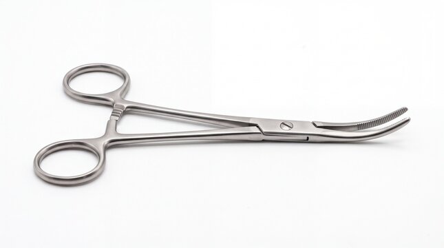 Surgical curved metal hemostat clamp tool for medical operation in studio shot on white background