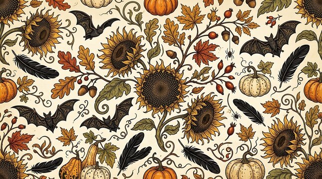 Halloween apothecary seamless pattern with magic potion bottles herbs and crystals for design