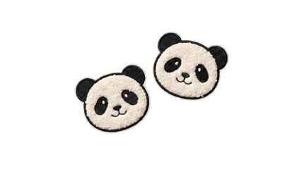 Two fluffy panda face embroidered plush patches on a transparent background © Vitalo4ok