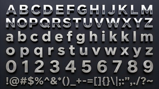 Metallic typography collection featuring polished chrome and satin titanium letters